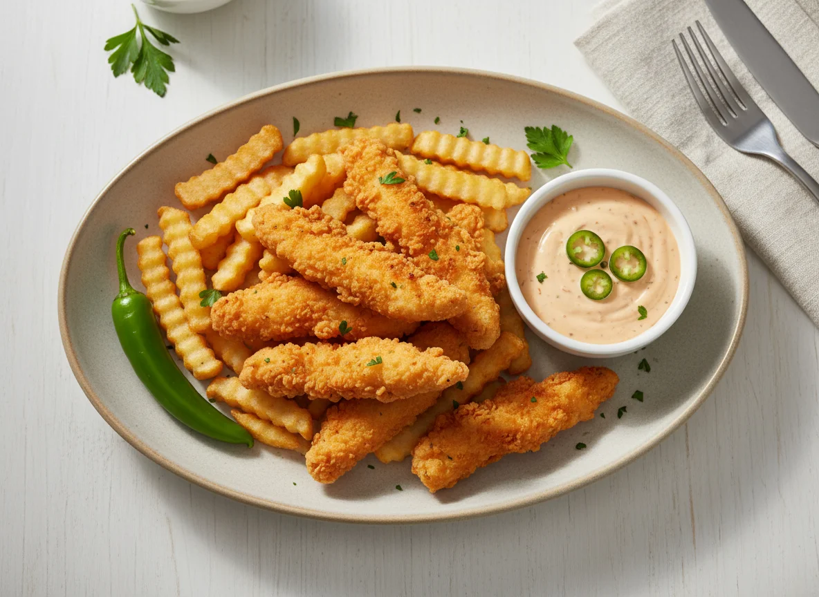 Chicken Strips and Fries with Dipping Sauce photo