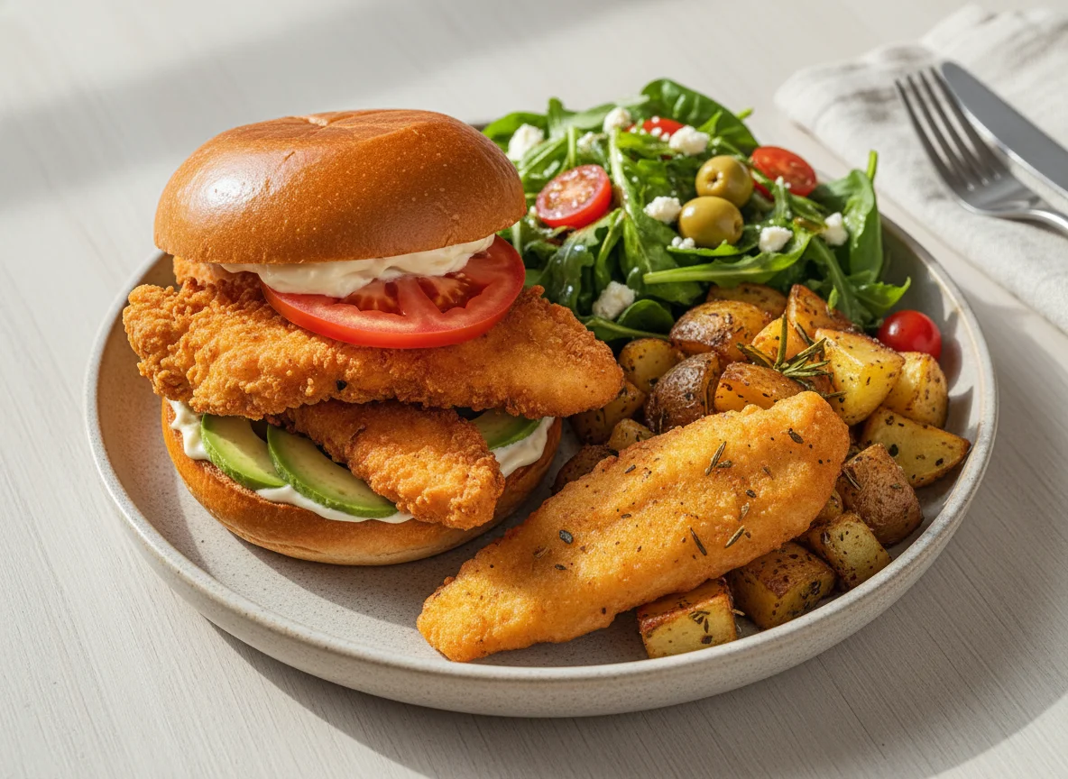 Chicken strips on brioche bun with roasted potatoes and salad photo