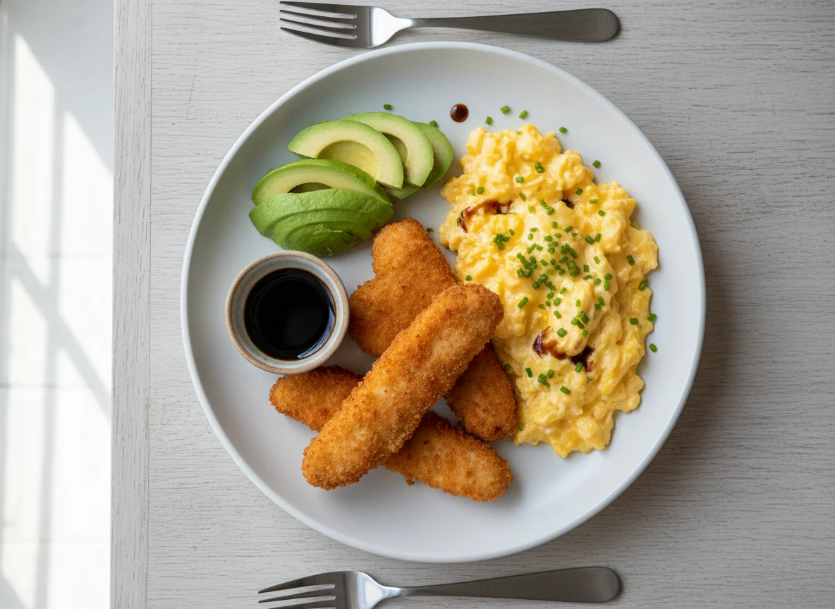 Chicken Strips with Avocado and Scrambled Eggs photo
