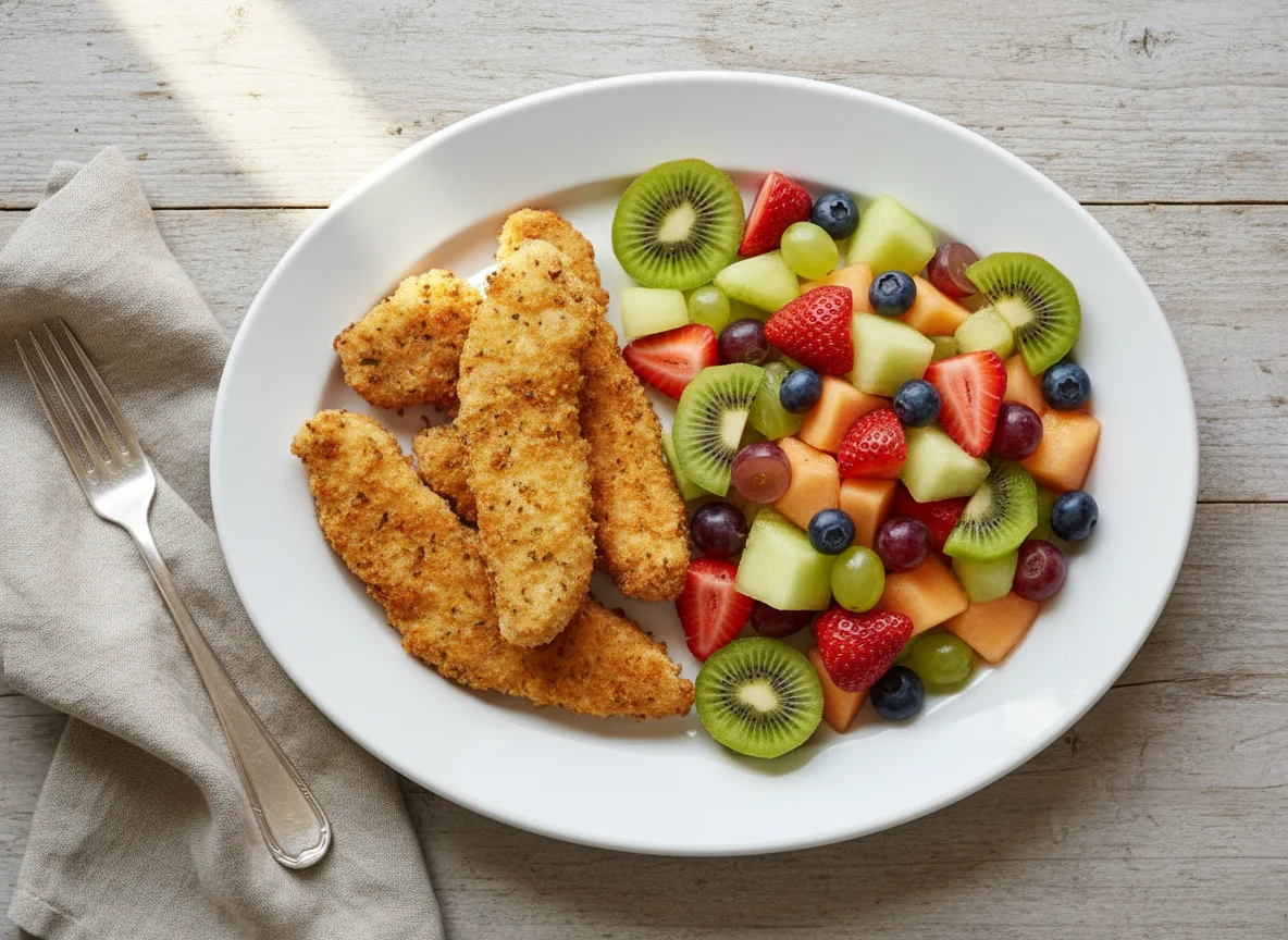Chicken strips with fruit salad and kiwi photo