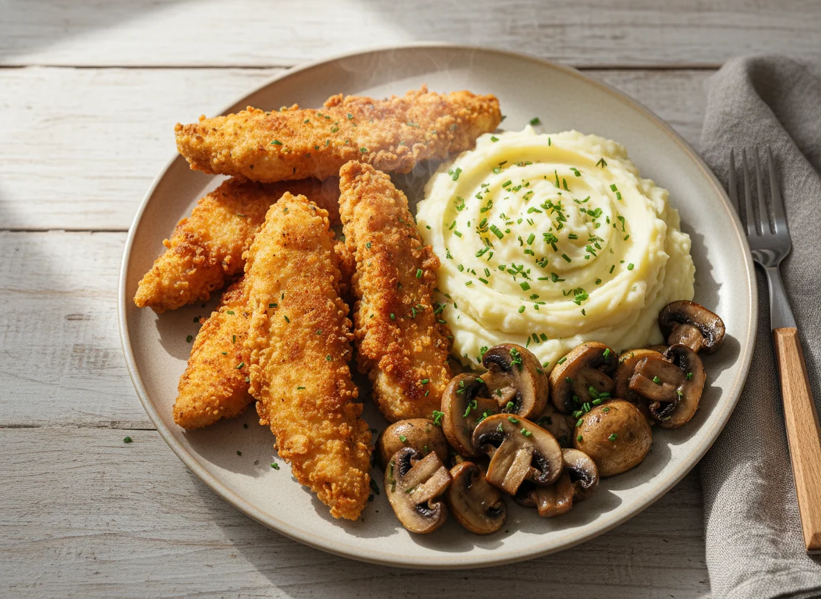 Chicken strips with mashed potatoes and mushrooms photo