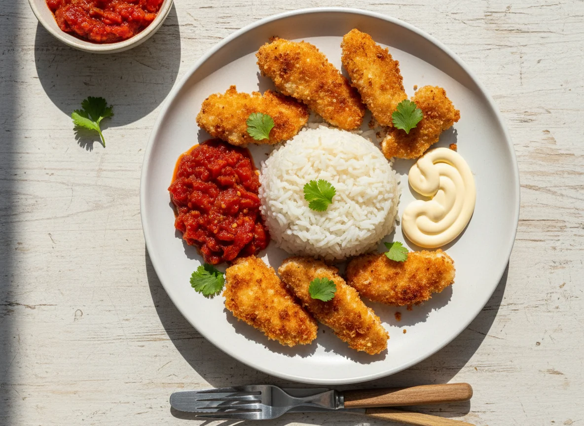 Chicken strips with rice, tomato relish, and mayonnaise photo
