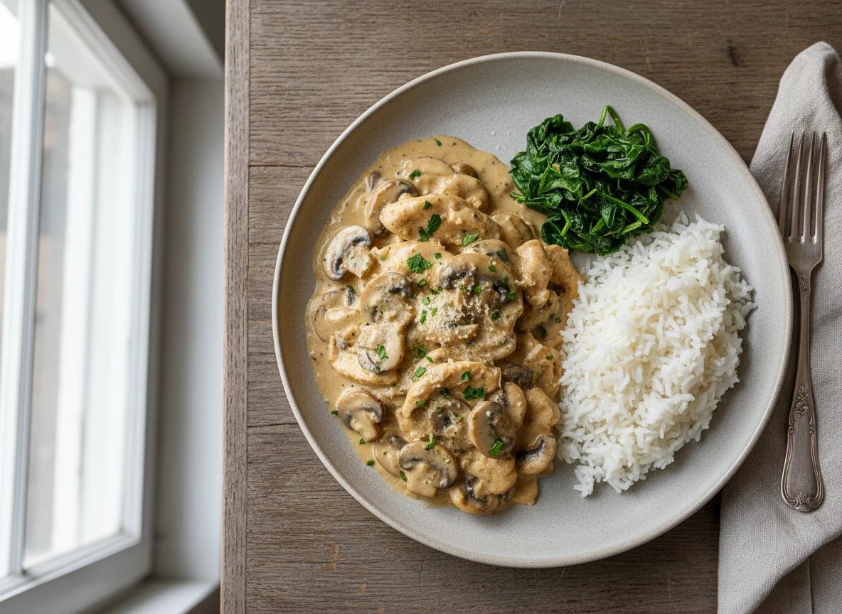 Chicken Stroganoff with Rice and Spinach photo