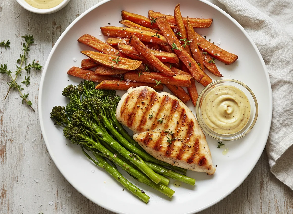 Chicken, Sweet Potato Fries and Broccolini photo