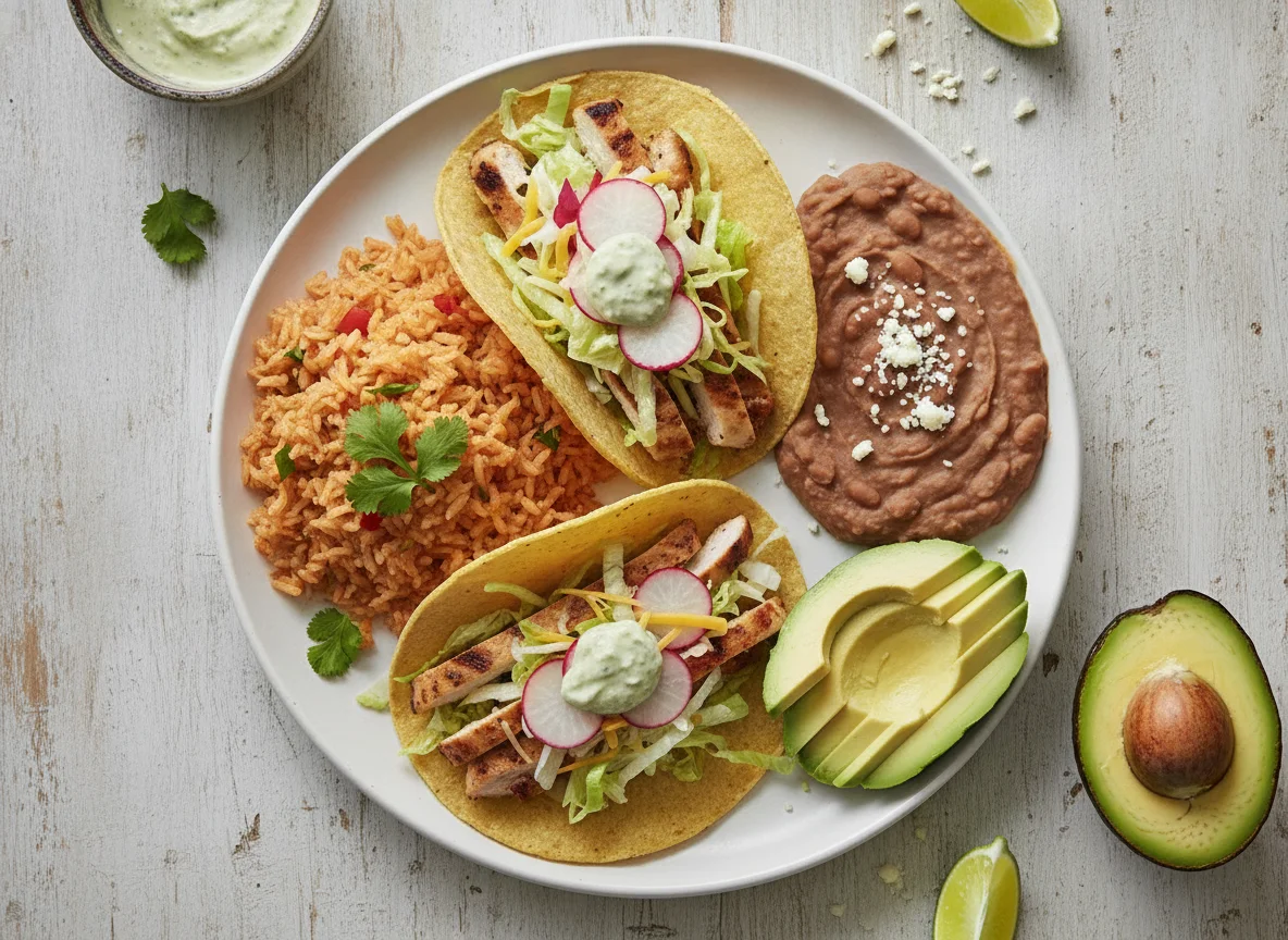 Chicken Taco Platter with Rice and Beans photo