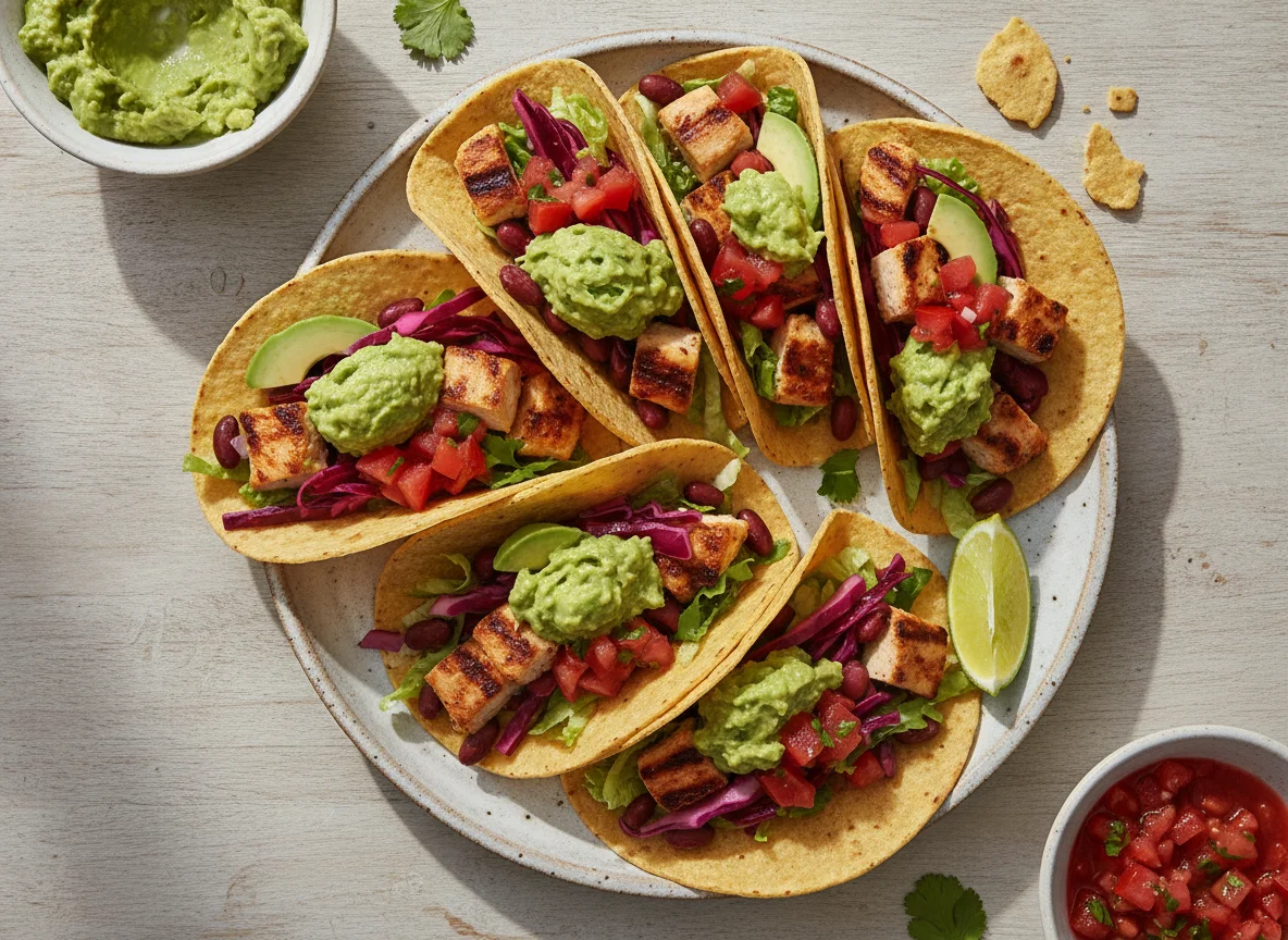 Chicken Tacos with Red Cabbage and Guacamole photo