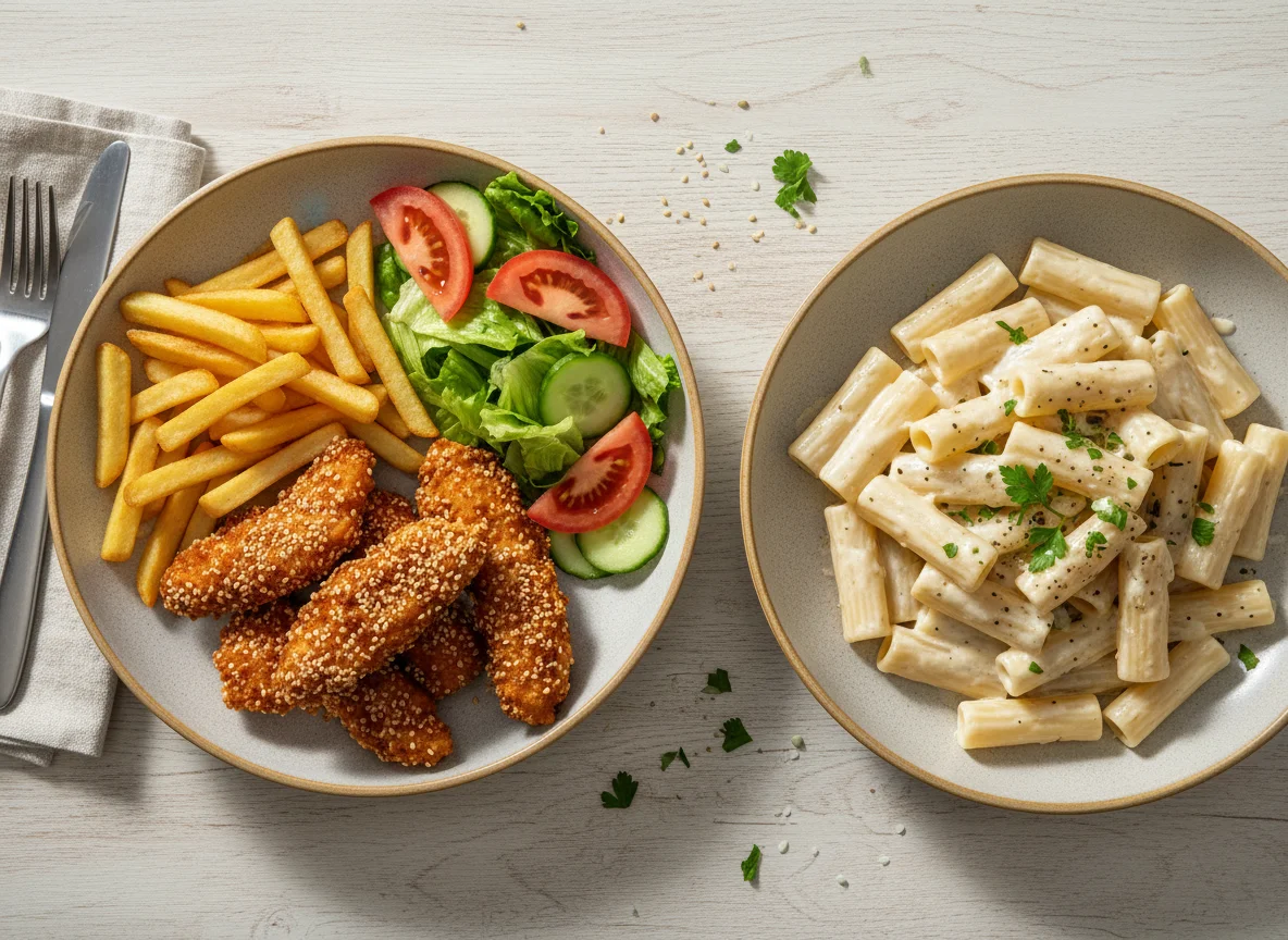 Chicken Tenders with Fries and Salad, and Pasta with Cream Sauce photo