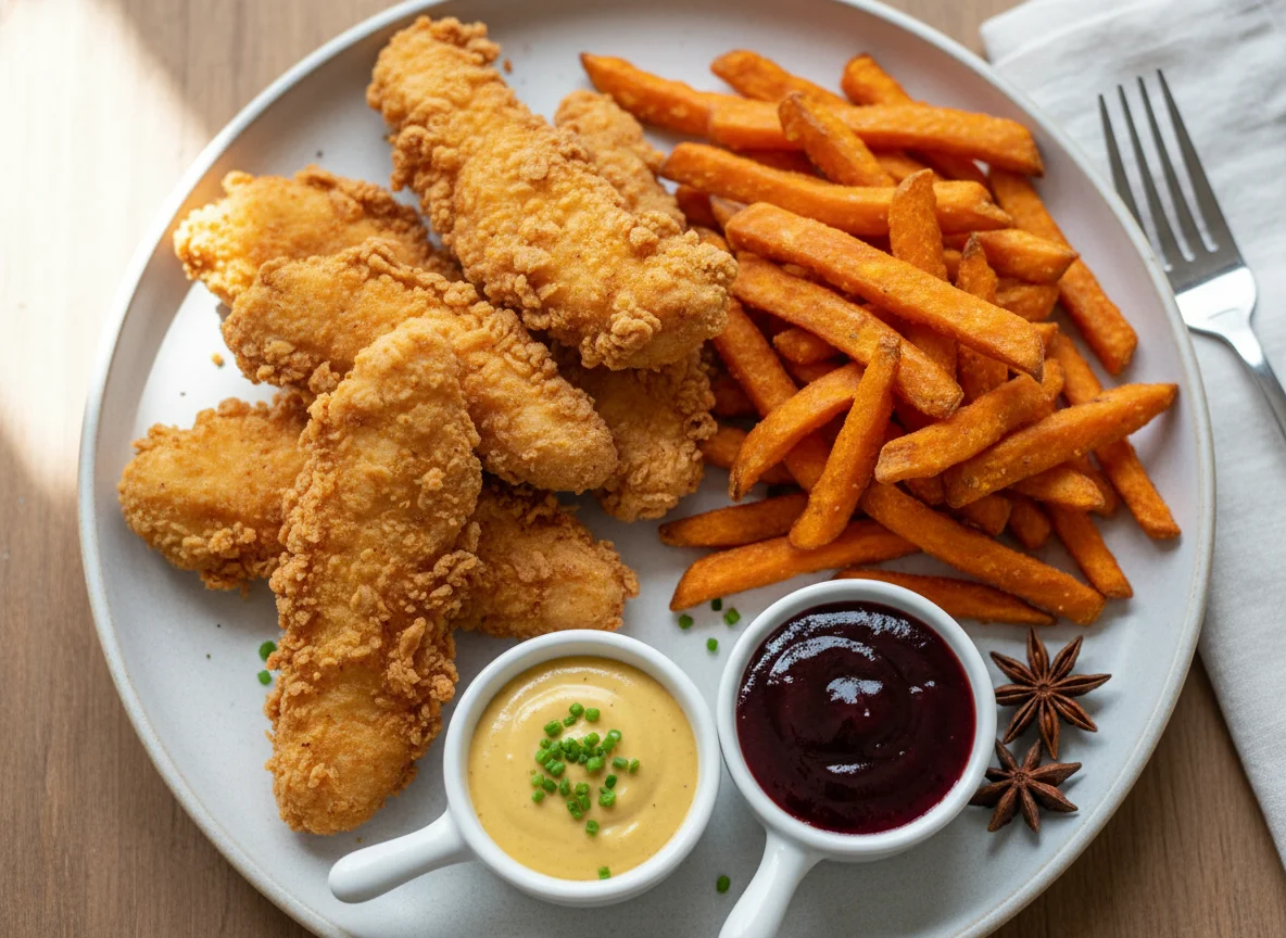 Chicken Tenders with Sweet Potato Fries and Dipping Sauces photo