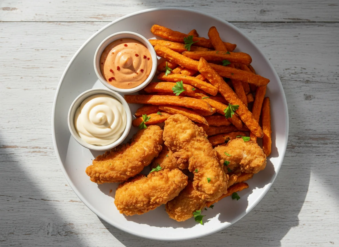 Chicken Tenders with Sweet Potato Fries and Dips photo