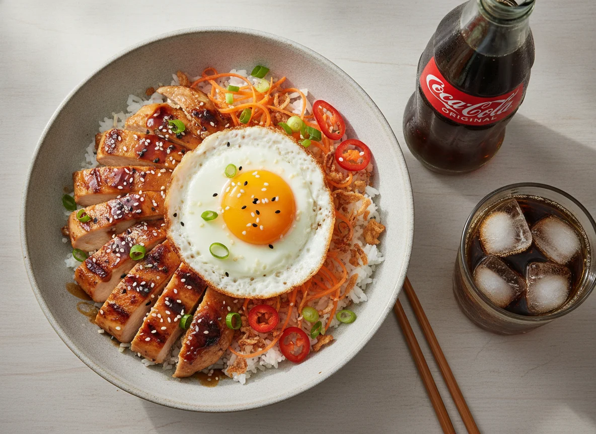 Chicken Teriyaki Rice Bowl with Fried Egg and Cola photo