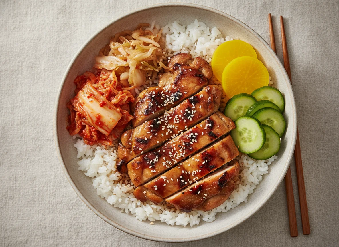 Chicken Teriyaki Rice Bowl with Kimchi and Pickles photo