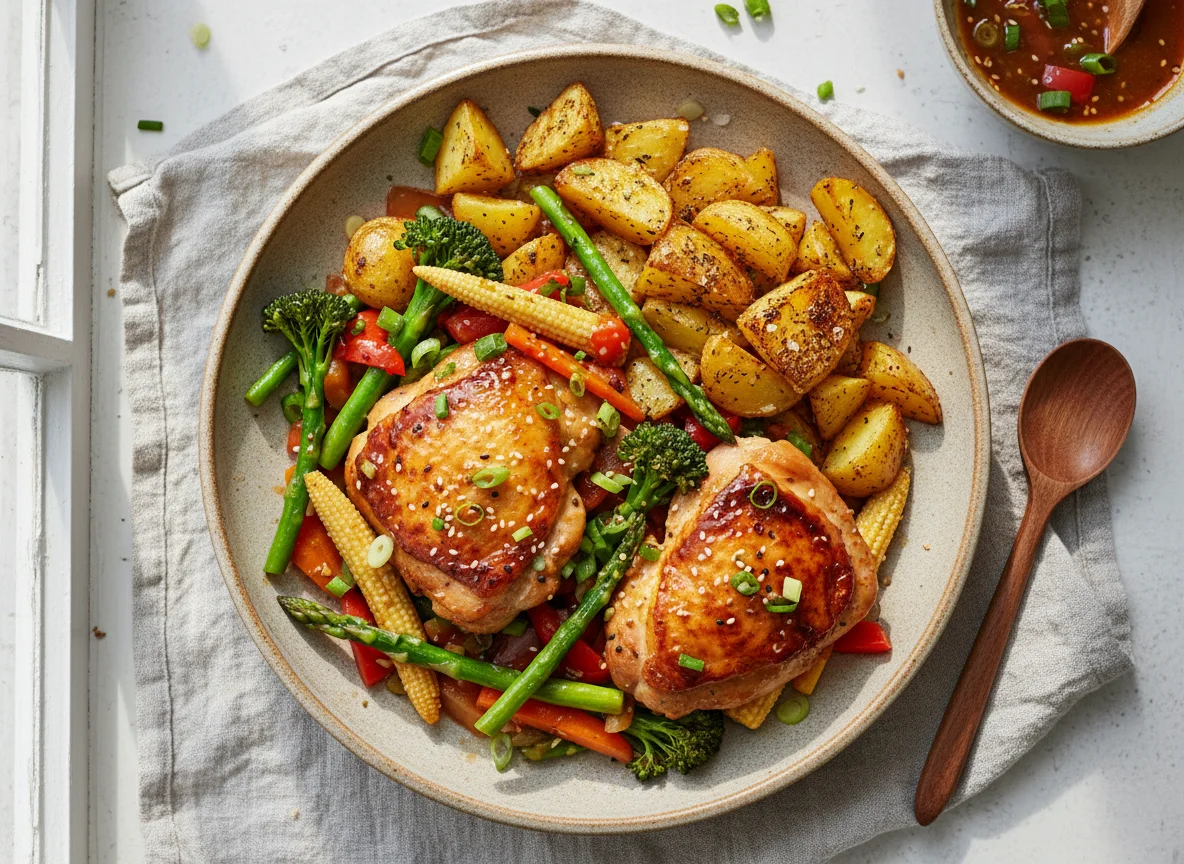 Chicken thigh stir-fry with roasted potatoes photo