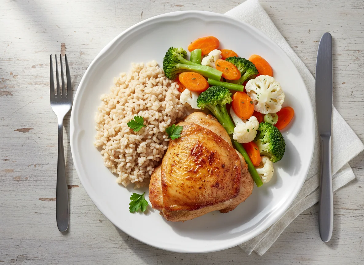 Chicken Thigh with Brown Rice and Mixed Vegetables photo