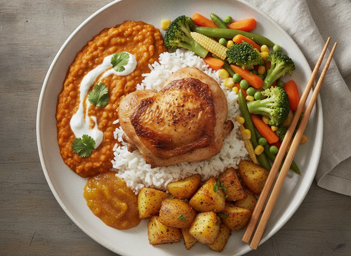 Chicken Thigh with Red Lentil Dahl, Rice, and Mixed Vegetables photo
