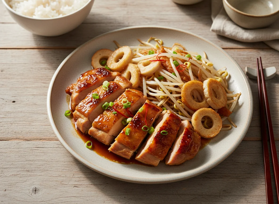 Chicken Thigh with Stir-fried Bean Sprouts and Fish Cake photo