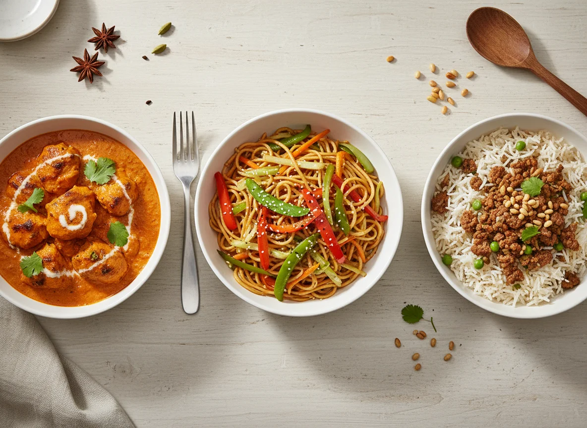 Chicken Tikka Masala, Vegetable Noodles, and Rice with Minced Meat photo