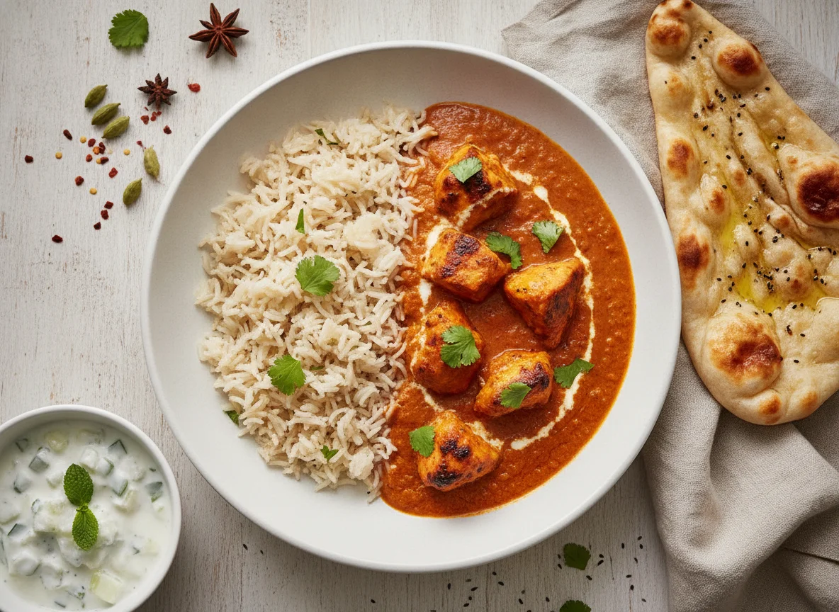 Chicken Tikka Masala with Basmati Rice and Naan Bread photo