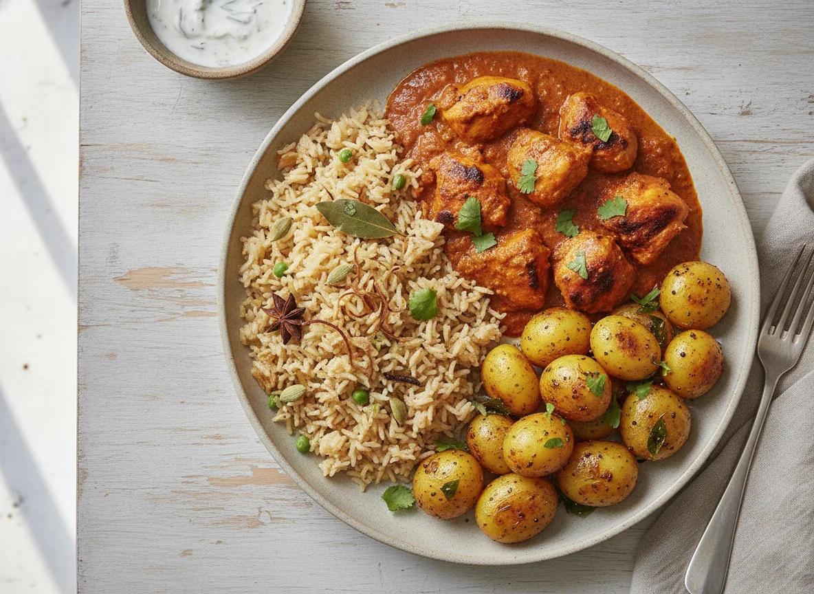 Chicken Tikka Masala with Pilau Rice and Bombay Potatoes photo