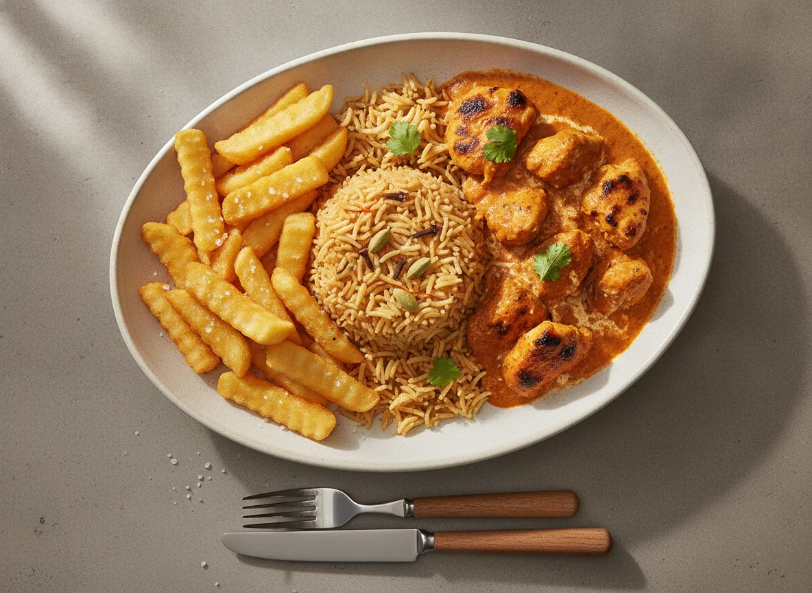 Chicken Tikka Masala with Pilau Rice and Chips photo