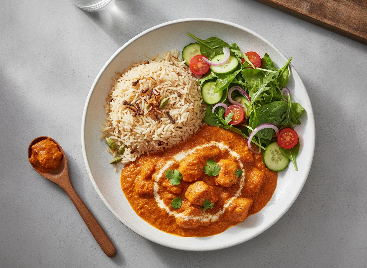 Chicken Tikka Masala with Pilau Rice and Mixed Salad photo