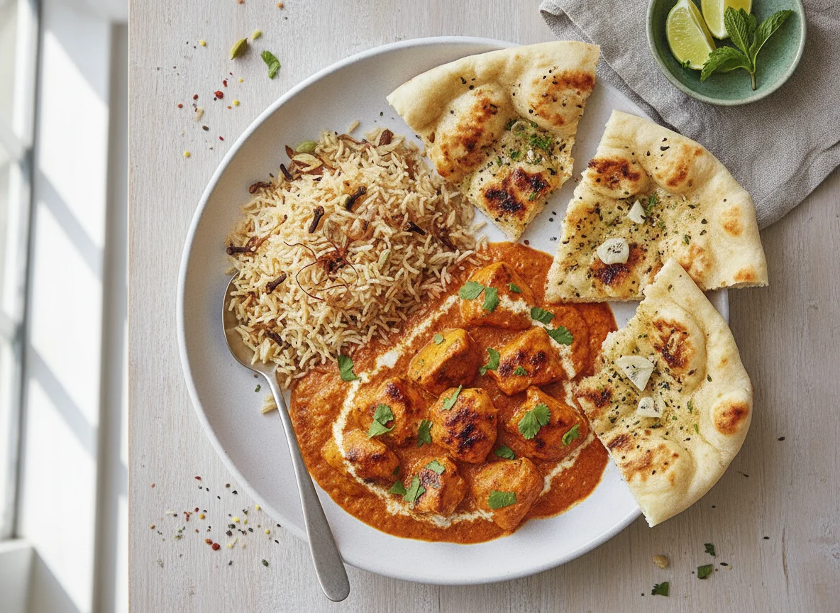 Chicken Tikka Masala with Pilau Rice and Naan photo