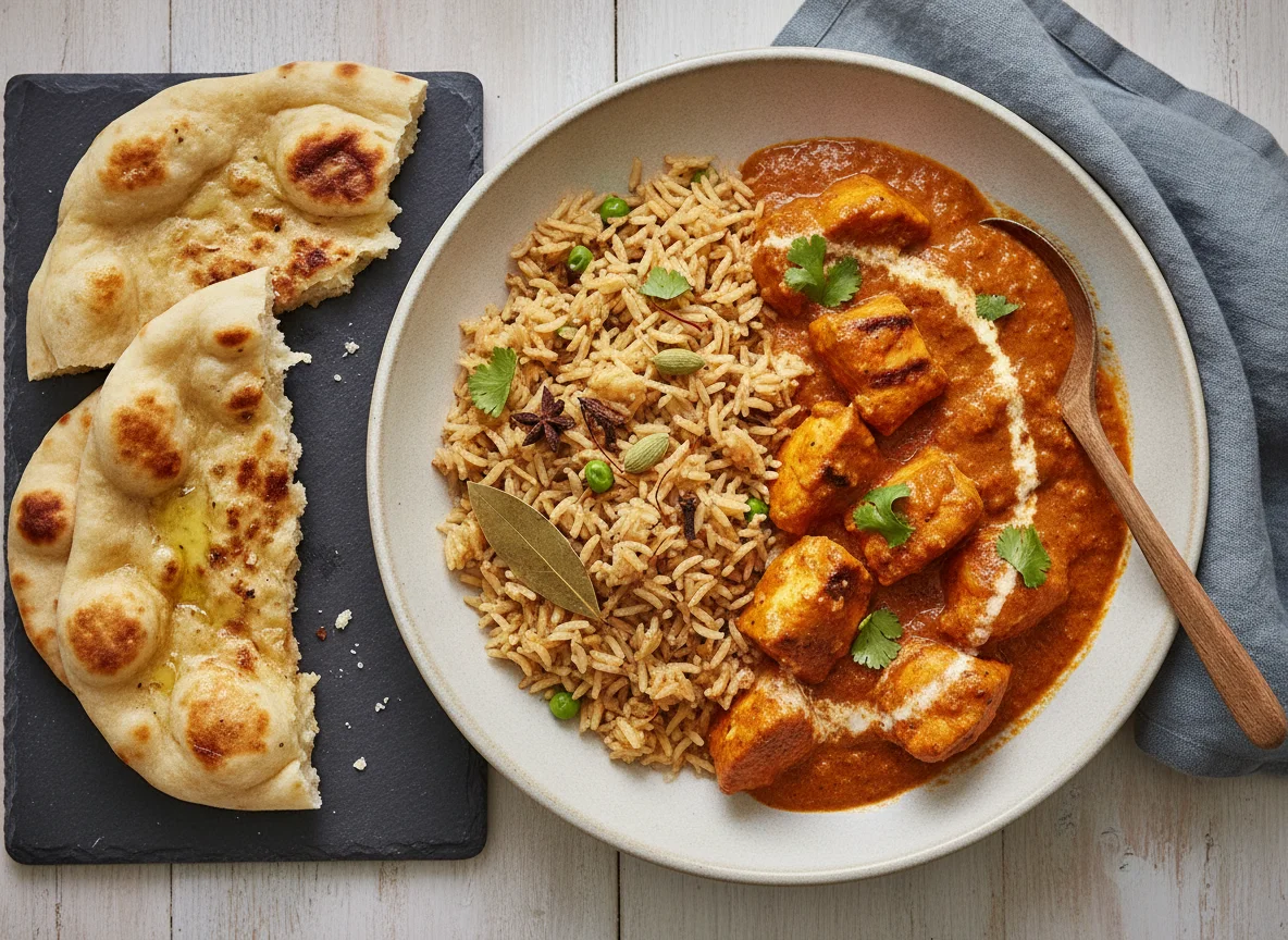 Chicken Tikka Masala with Pilau Rice and Naan Bread photo