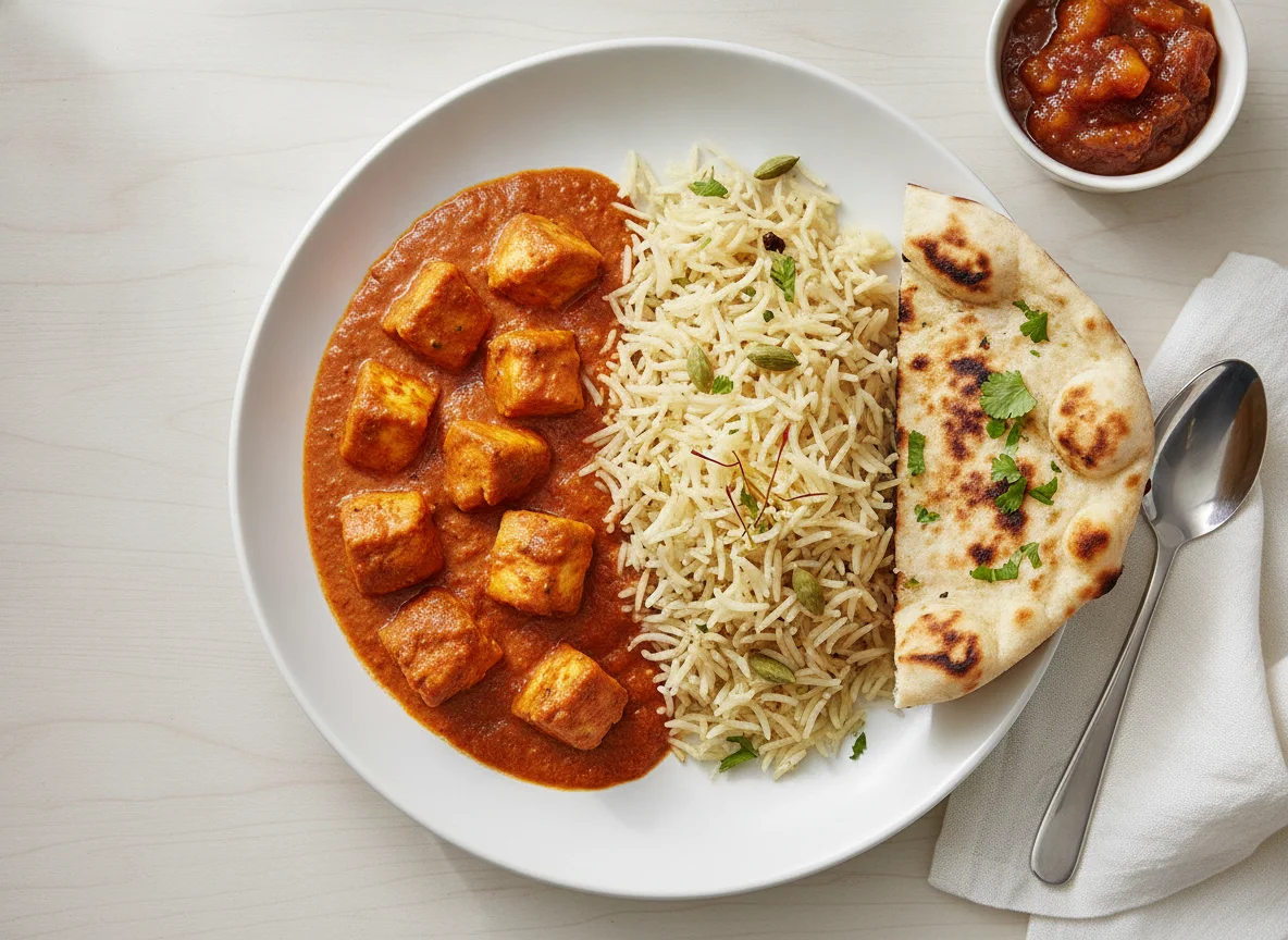 Chicken Tikka Masala with Pilau Rice, Naan and Mango Chutney photo