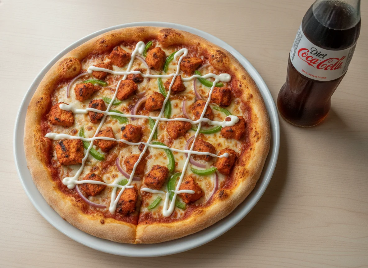 Chicken Tikka Pizza with Mayo Drizzle and Diet Coke photo