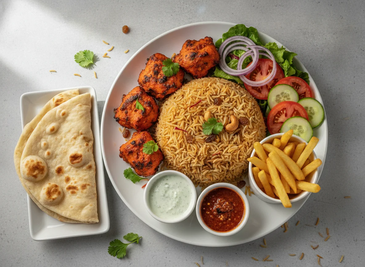 Chicken Tikka with Biryani Rice and Naan photo