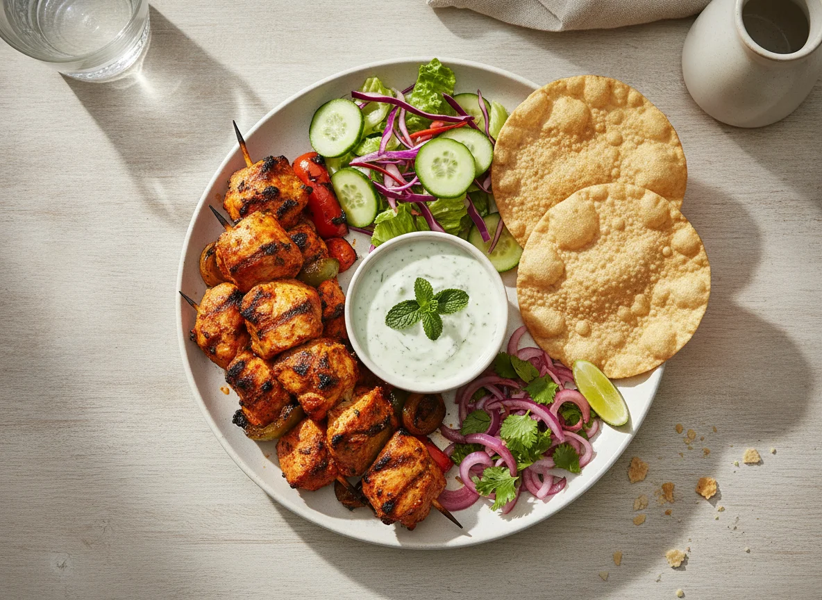 Chicken Tikka with Poppadoms and Salad photo