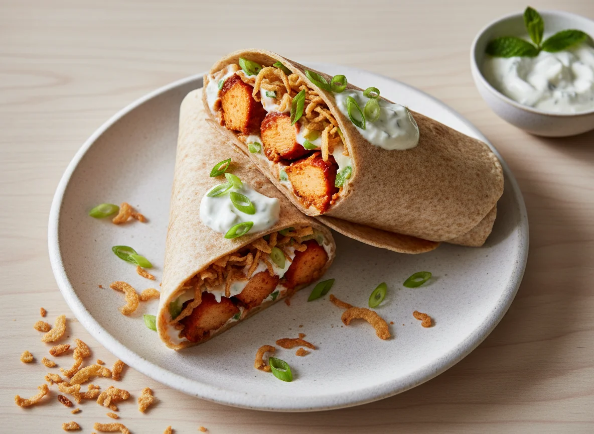 Chicken Tikka Wrap with Raita and Crispy Onions photo