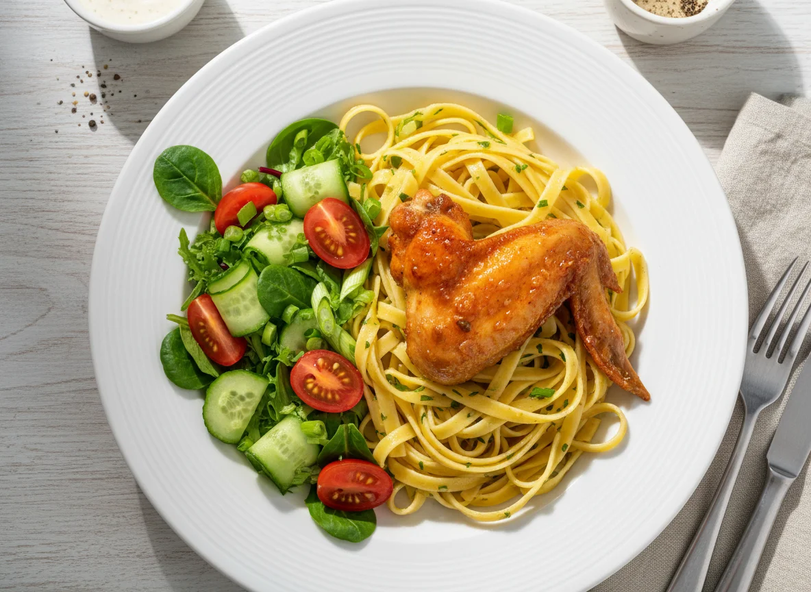 Chicken wing with pasta and salad photo