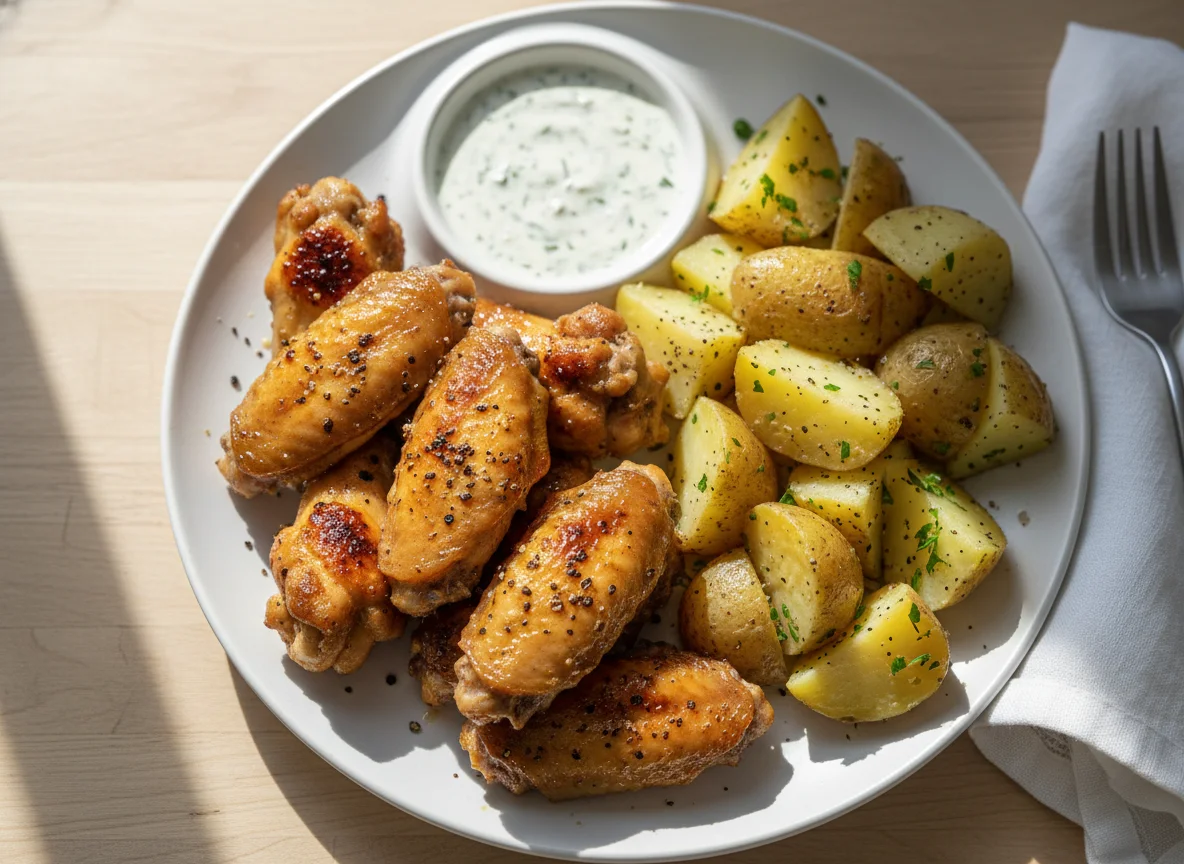 Chicken Wings and Boiled Potatoes photo