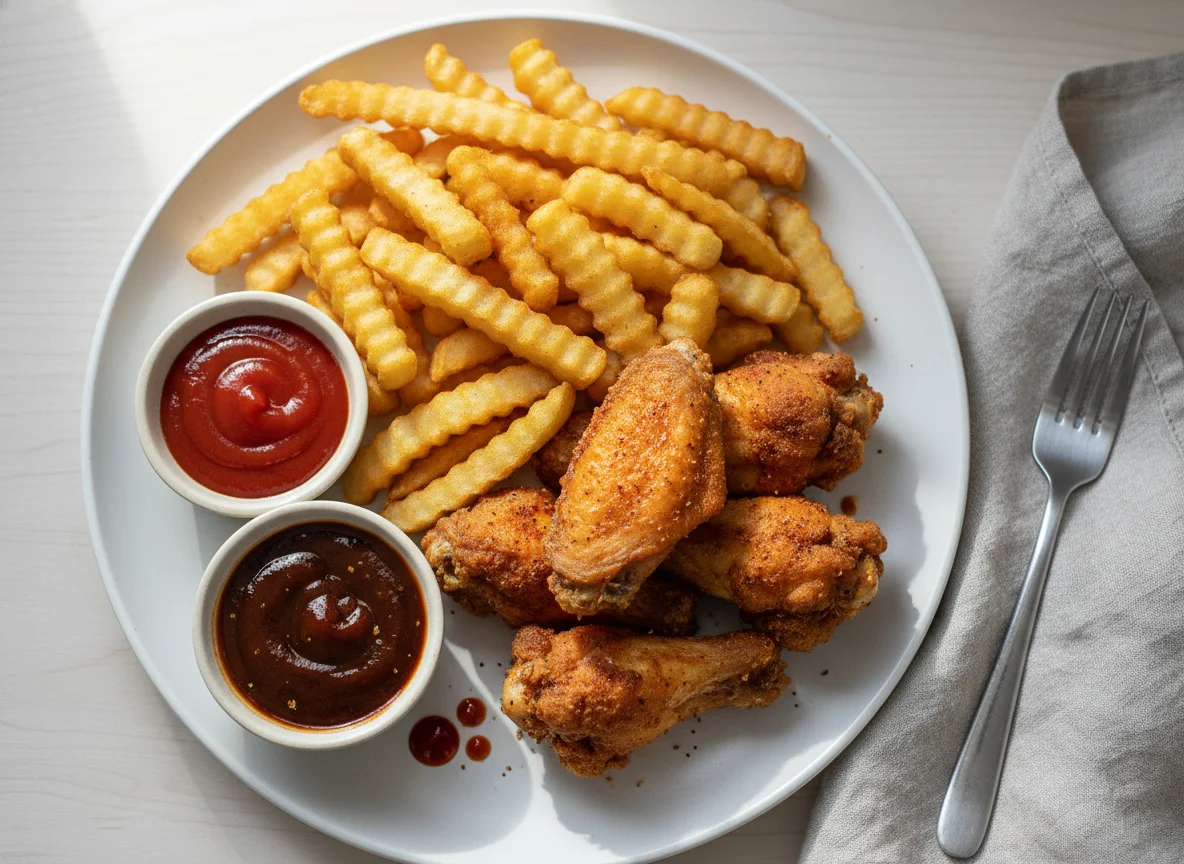 Chicken Wings and Fries with Sauce photo