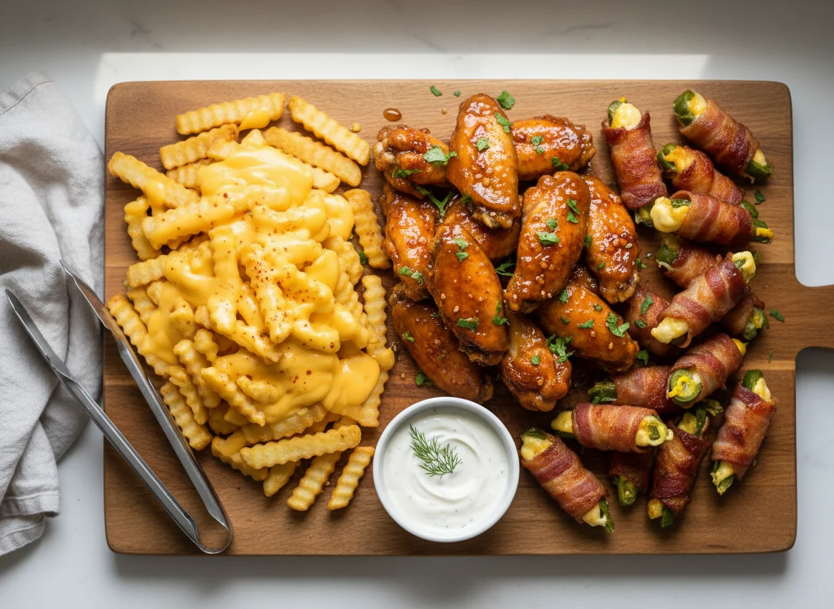 Chicken Wings, Cheese Fries, and Bacon-Wrapped Jalapeño Poppers Platter photo