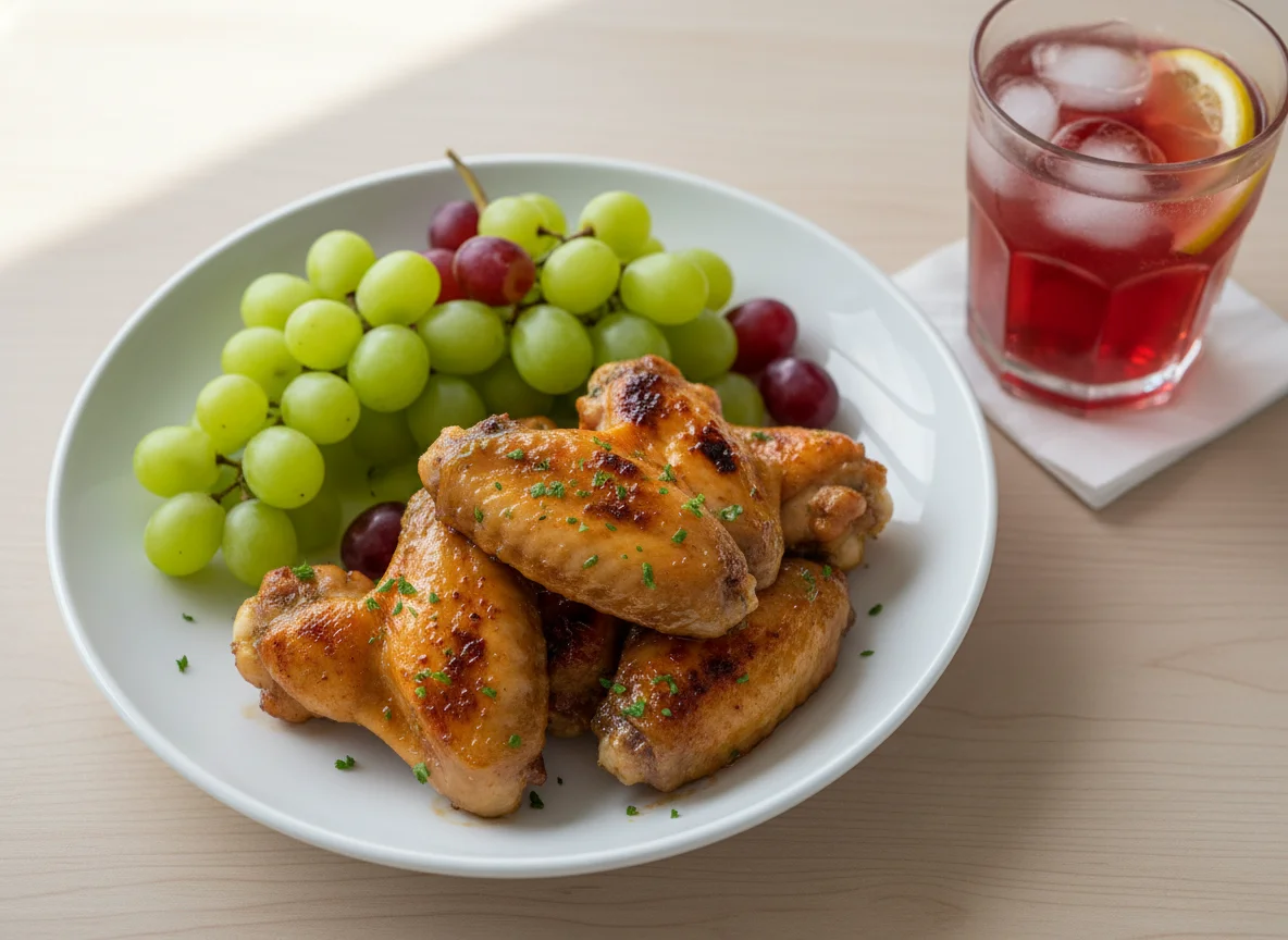 Chicken Wings, Grapes and Drink photo