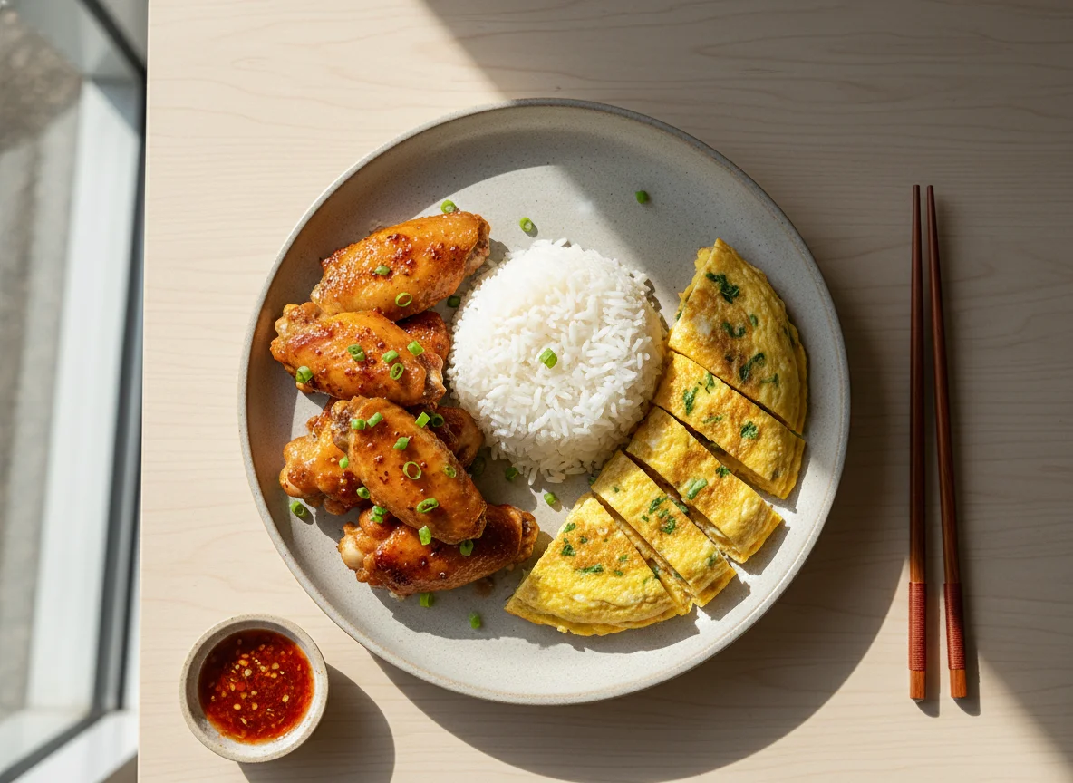 Chicken Wings, Omelette and Rice photo