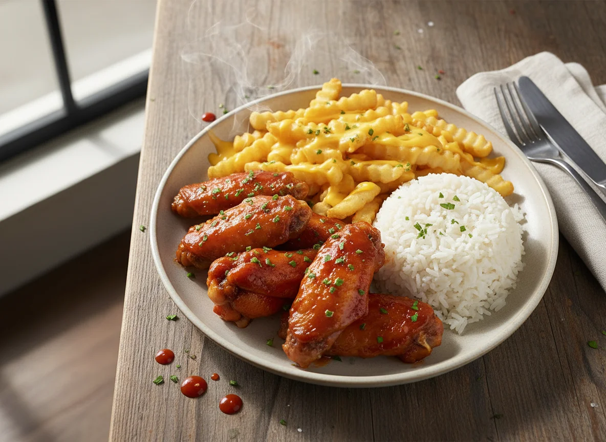 Chicken Wings with Cheesy Fries and Rice photo