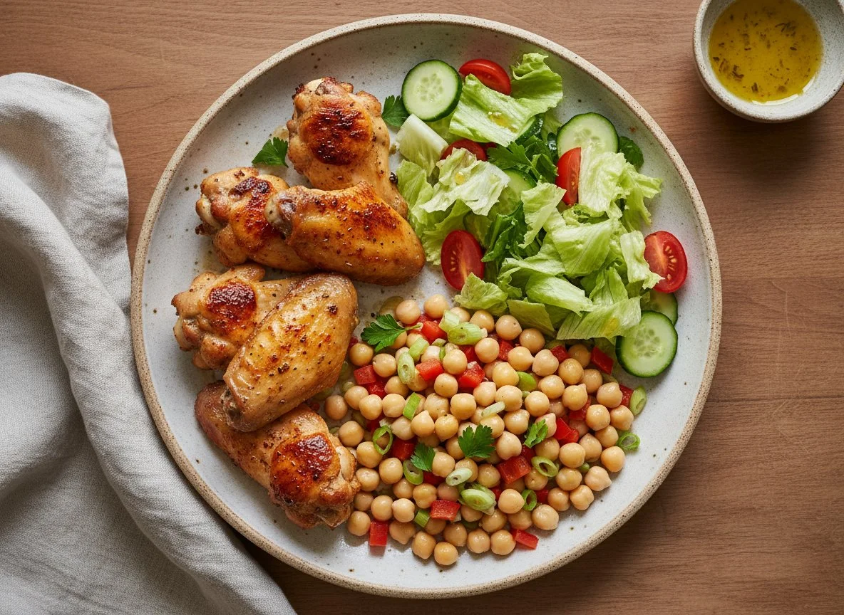 Chicken wings with chickpea salad and green salad photo