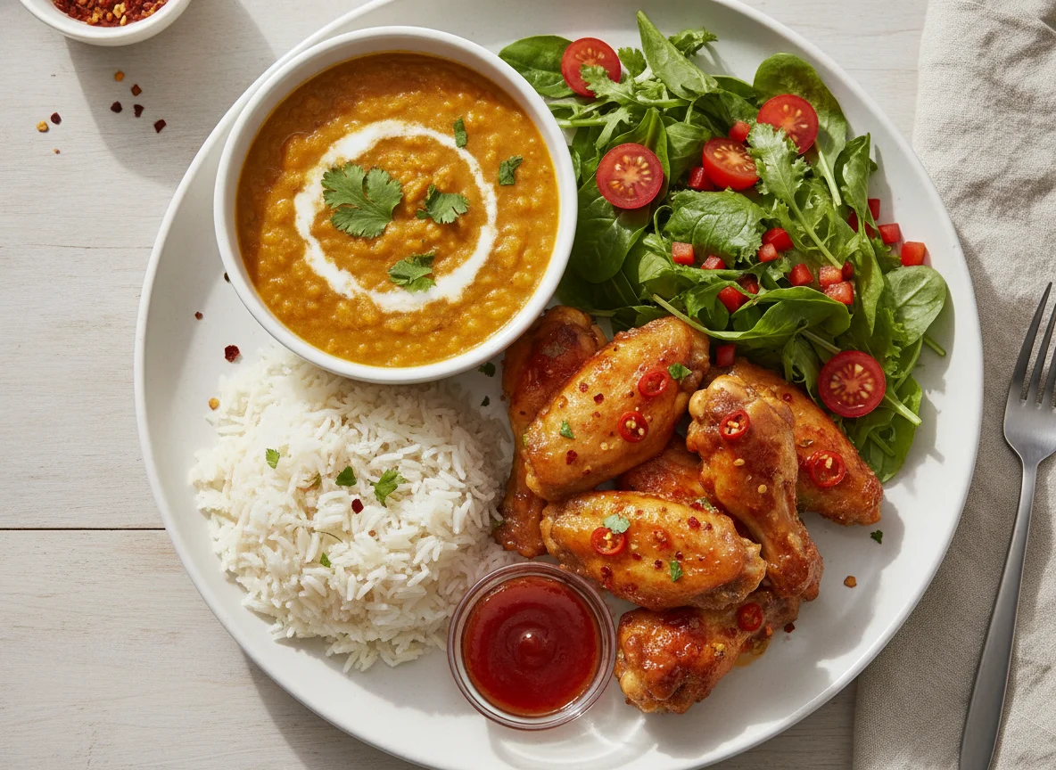 Chicken wings with dhal, rice and salad photo