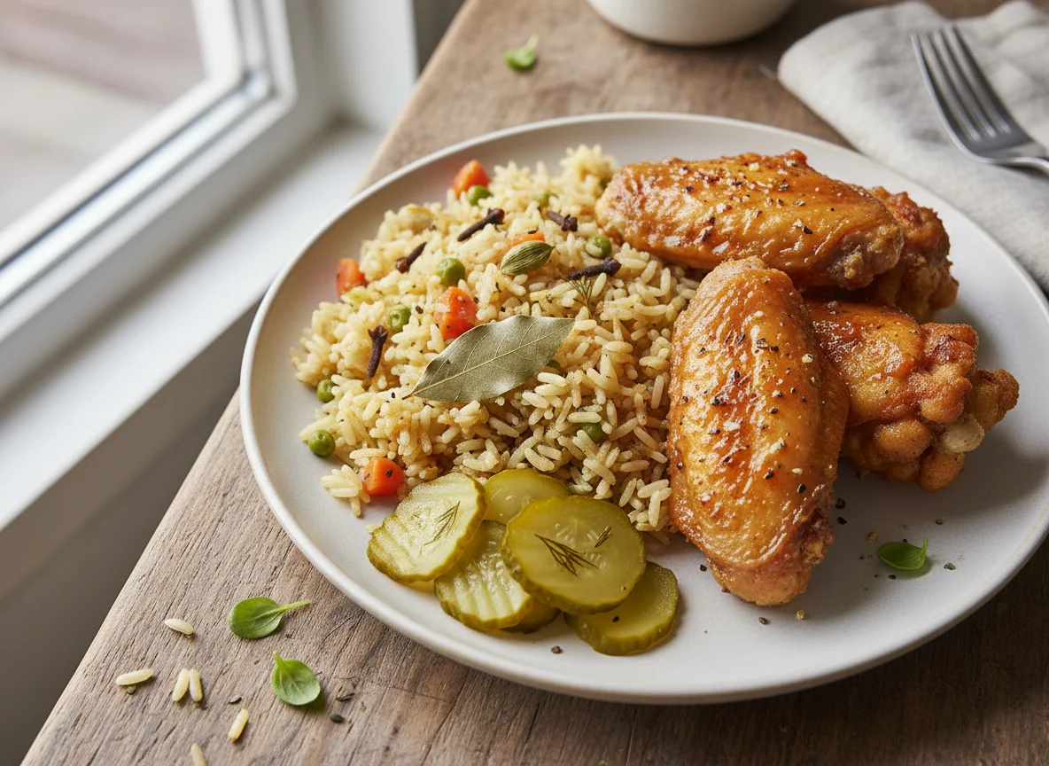 Chicken Wings with Pilau Rice and Pickled Gherkin photo