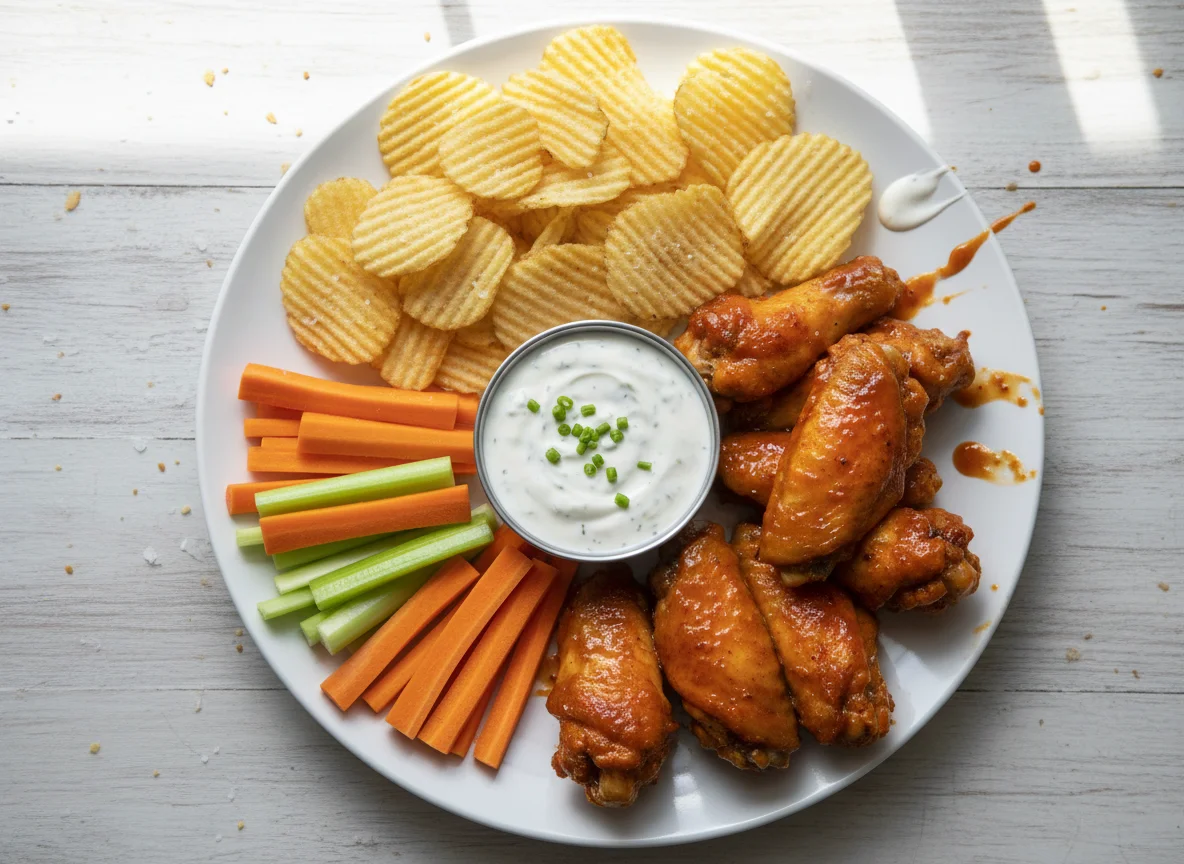 Chicken Wings with Potato Chips and Veggies photo