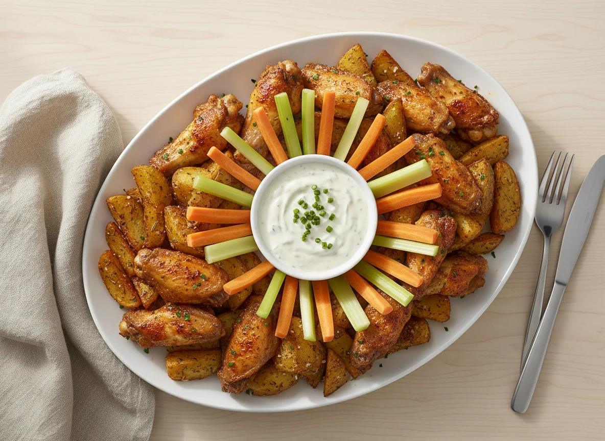 Chicken Wings with Potato Wedges and Dip photo