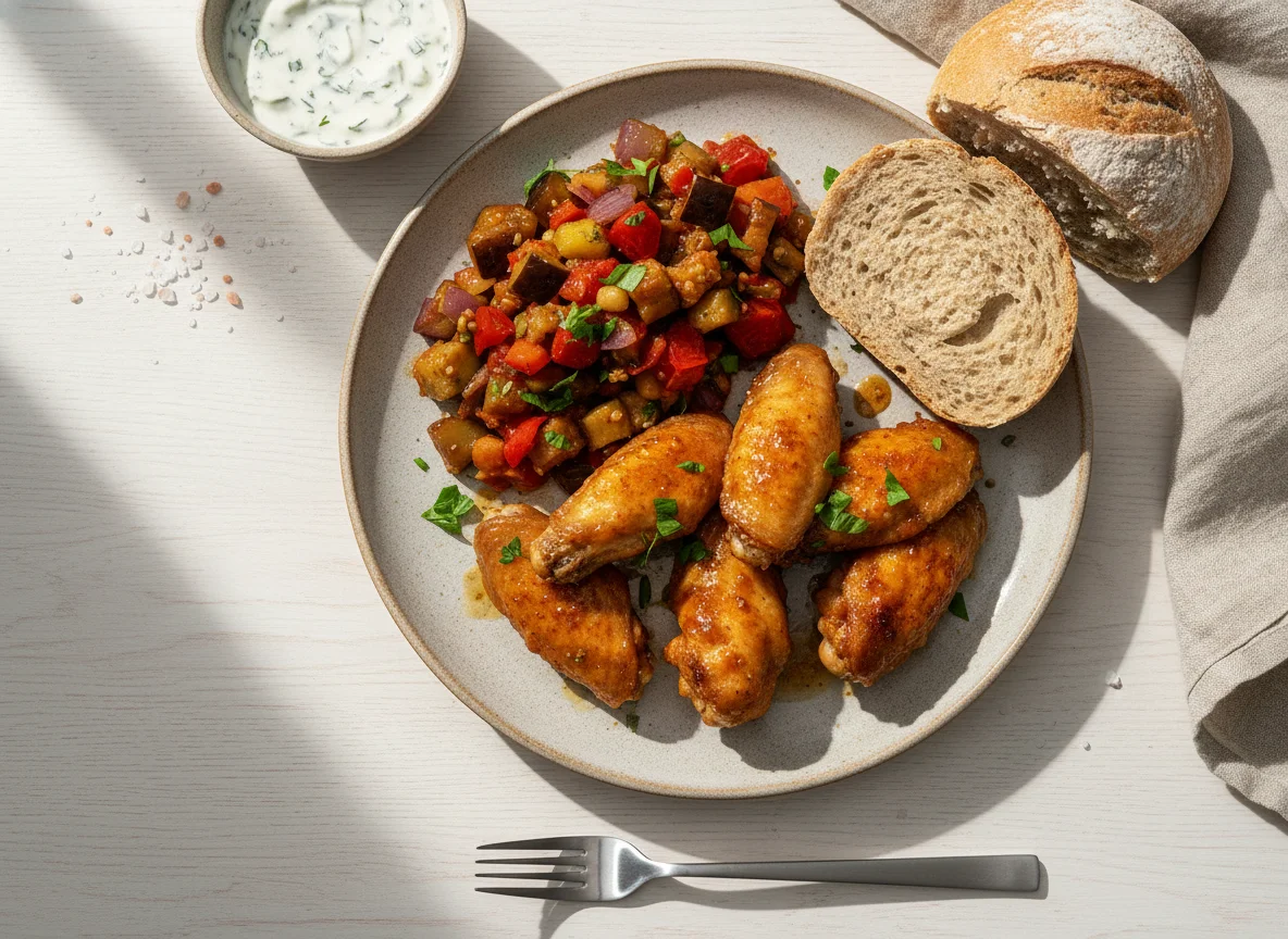 Chicken Wings with Ratatouille and Whole Grain Bread photo
