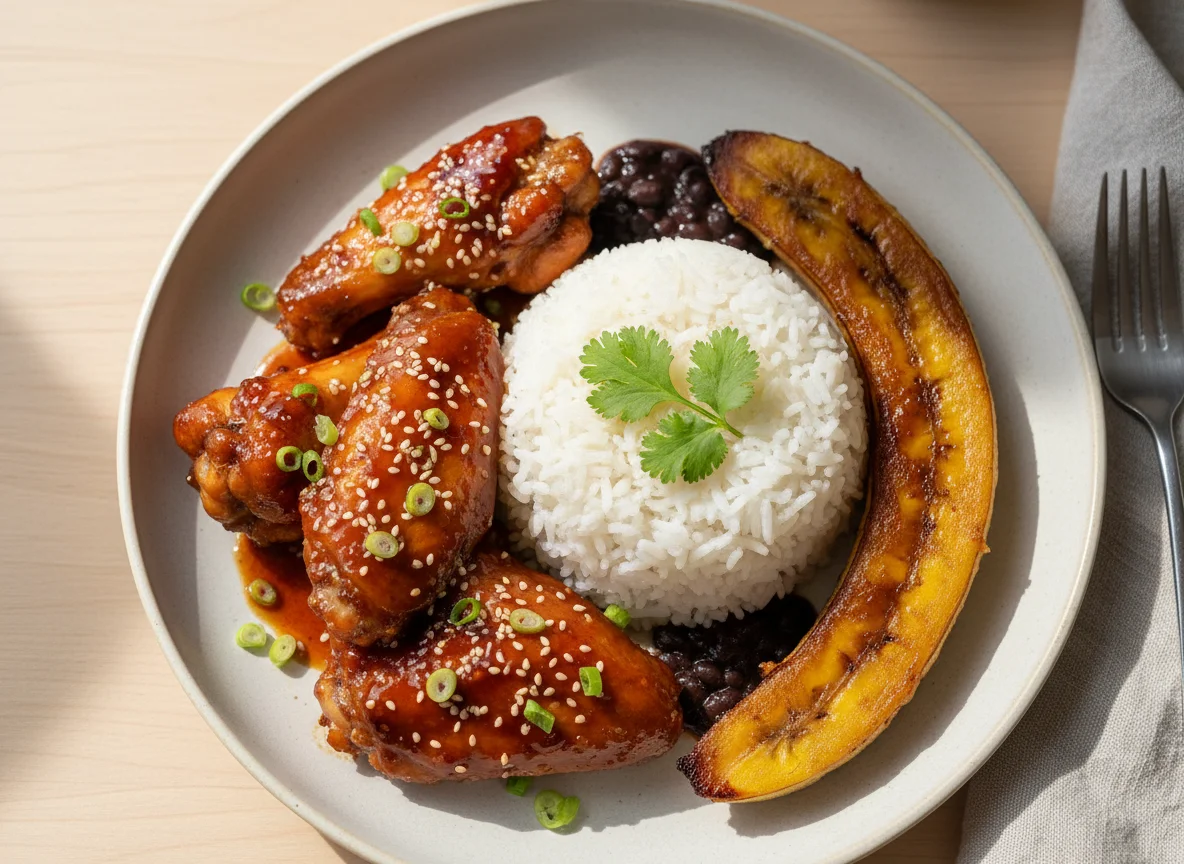Chicken wings with rice and banana photo