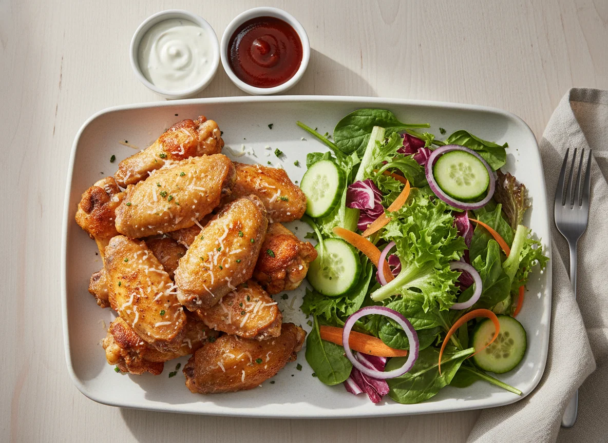Chicken Wings with Side Salad and Dressings photo