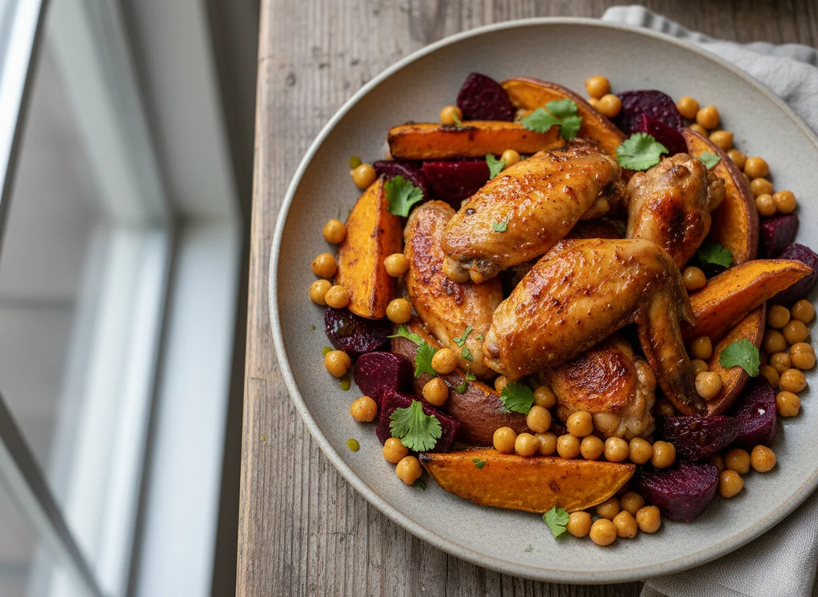 Chicken Wings with Sweet Potato, Chickpeas, and Beets photo