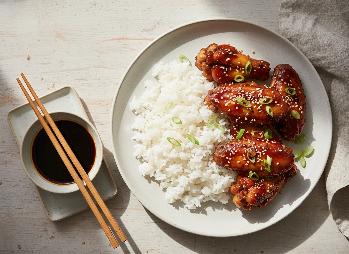 Chicken wings with white rice photo