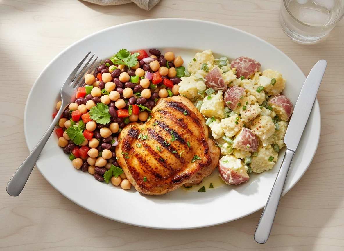 Chicken with Bean Salad and Potato Salad photo