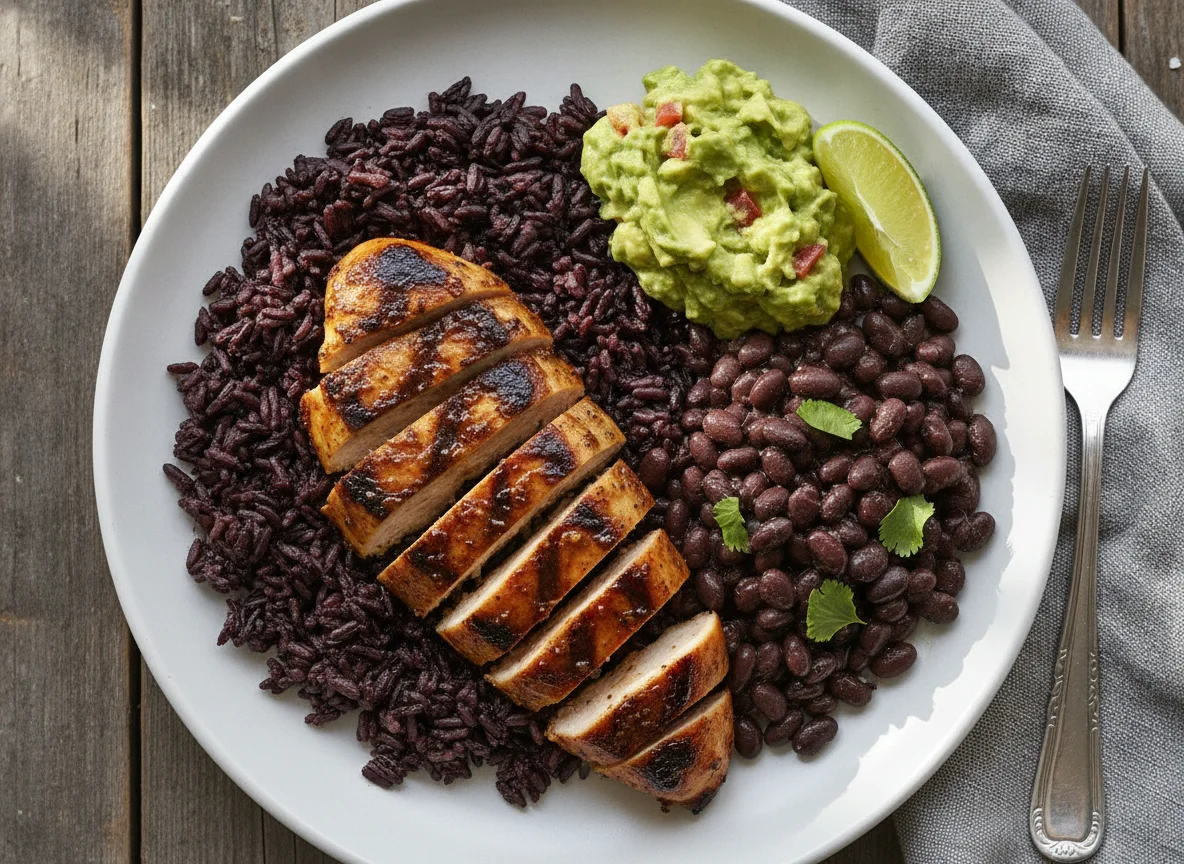 Chicken with Black Beans, Purple Rice and Guacamole photo